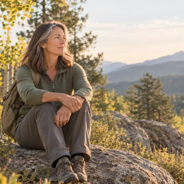 Woman in her late 40s walking a golden aspen trail, reflecting on perimenopause vs menopause hormone therapy