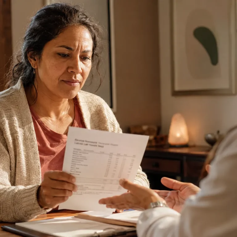 Patient reviewing lab results with a provider during a GLP-1 injections vs pills consultation at Evexia