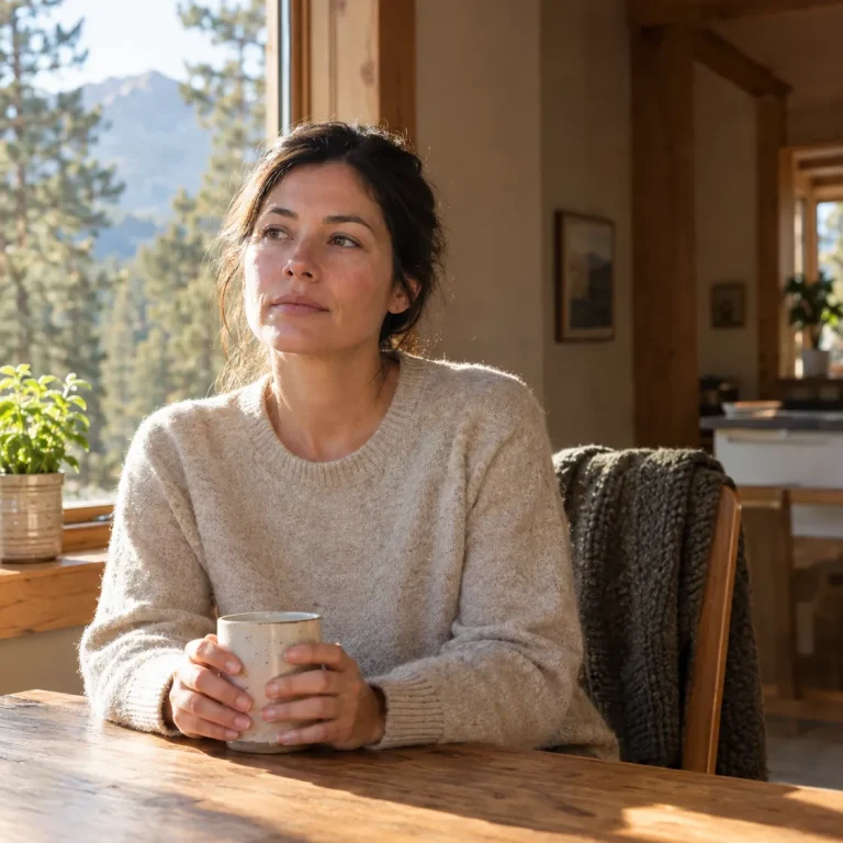 Woman at her kitchen table in early morning light, showing the exhaustion of HPA axis dysfunction symptoms despite a full night's sleep.