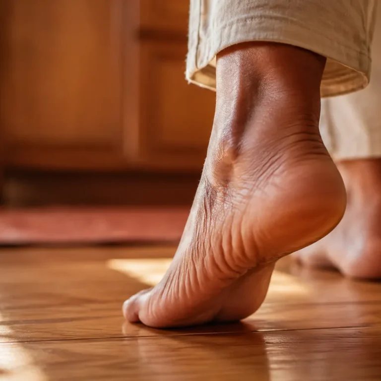 Bare foot mid-step on hardwood floor illustrating morning heel pain from plantar fasciitis