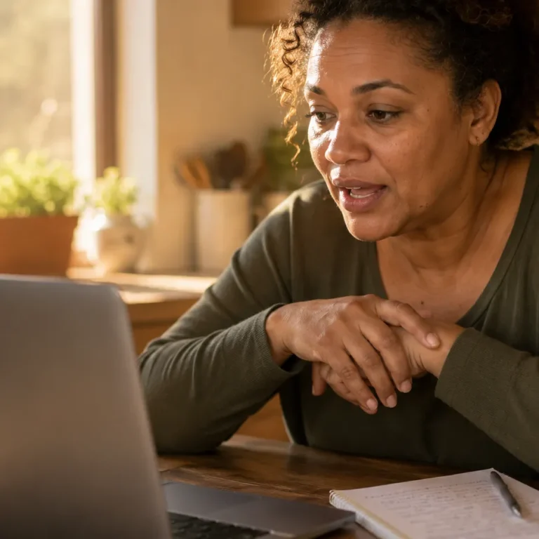 Woman in her 40s at a kitchen table during a telehealth weight loss consultation on her laptop