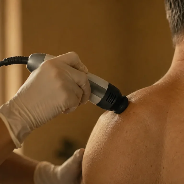 Provider applying StemWave therapy to a patient's shoulder during an in-office treatment session at Evexia