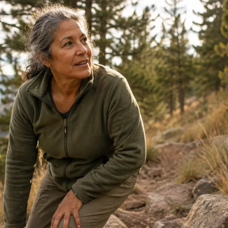Woman in her late 50s rising from a trail crouch, illustrating restored mobility after shockwave therapy for knee pain