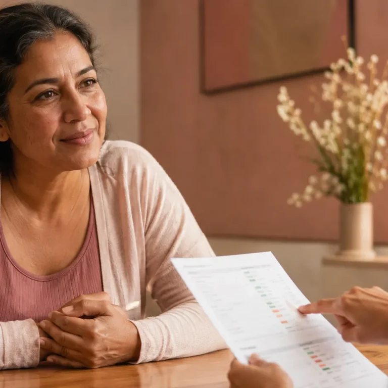 Woman reviewing functional hormone testing lab results with a provider at a warm clinic desk in Florissant Colorado