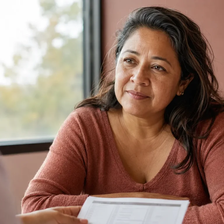 Woman in her late 40s reviewing hormone lab results with a provider as part of a testosterone therapy for women consultation