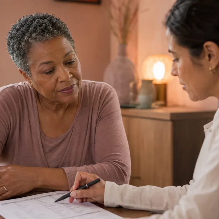 Patient reviewing bioidentical hormone replacement therapy cost with her provider over lab results at a warm, sunlit desk