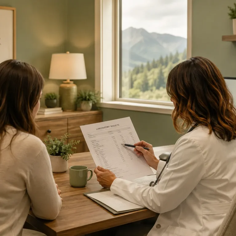 Nurse practitioner reviewing metabolic health lab results with a patient at Evexia Wellness clinic