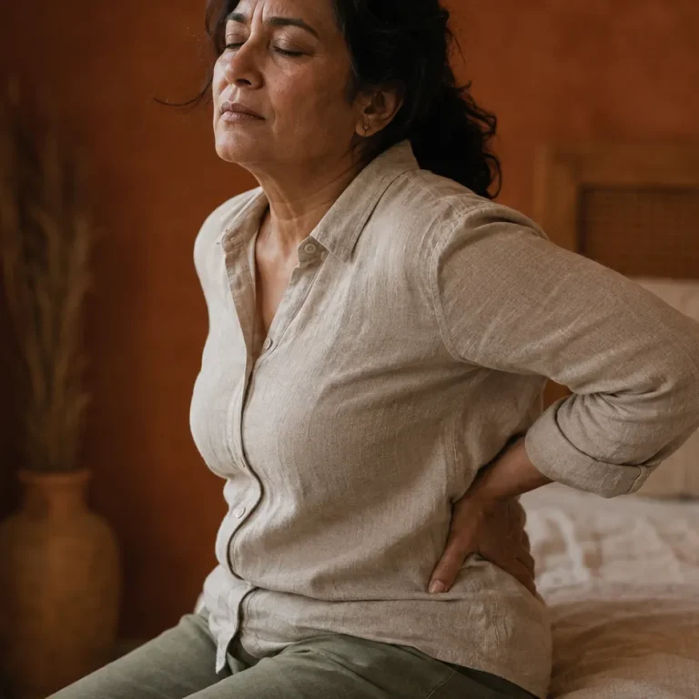 Woman pressing hands to her lower back, illustrating the daily reality of chronic inflammation and pain
