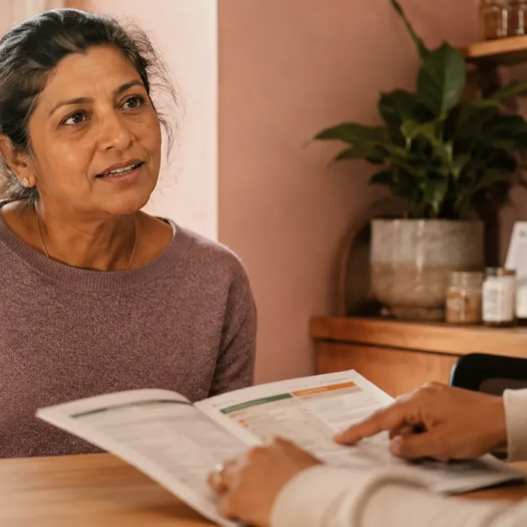 Woman in her late 40s reviewing lab results during a bioidentical hormone therapy for women consultation at Evexia