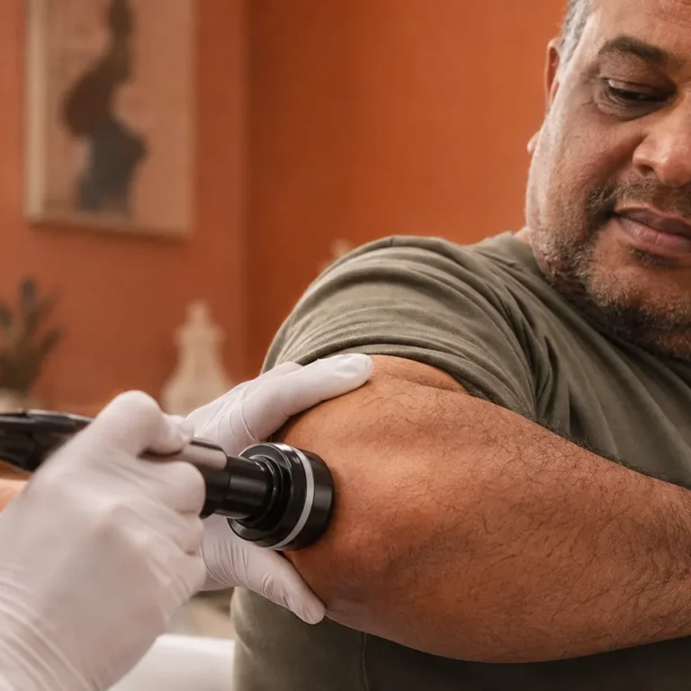 StemWave applicator applied to a patient's elbow during shockwave therapy for tendonitis at Evexia in Florissant, Colorado.