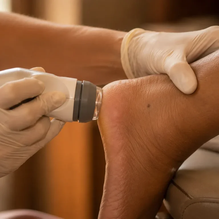 Gloved provider hands applying StemWave shockwave therapy applicator to a patient's heel during a pain treatment session
